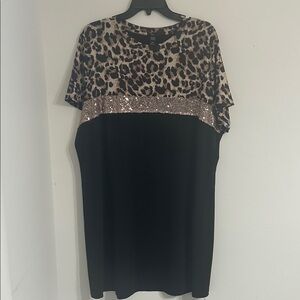 Elegant Leopard and Black Sequin Midi Dress